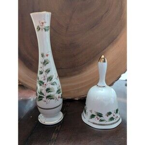 Vintage Royal Limited HOLLY HOLIDAY Porcelain Bell & Bud Vase, Gold Trim Japan